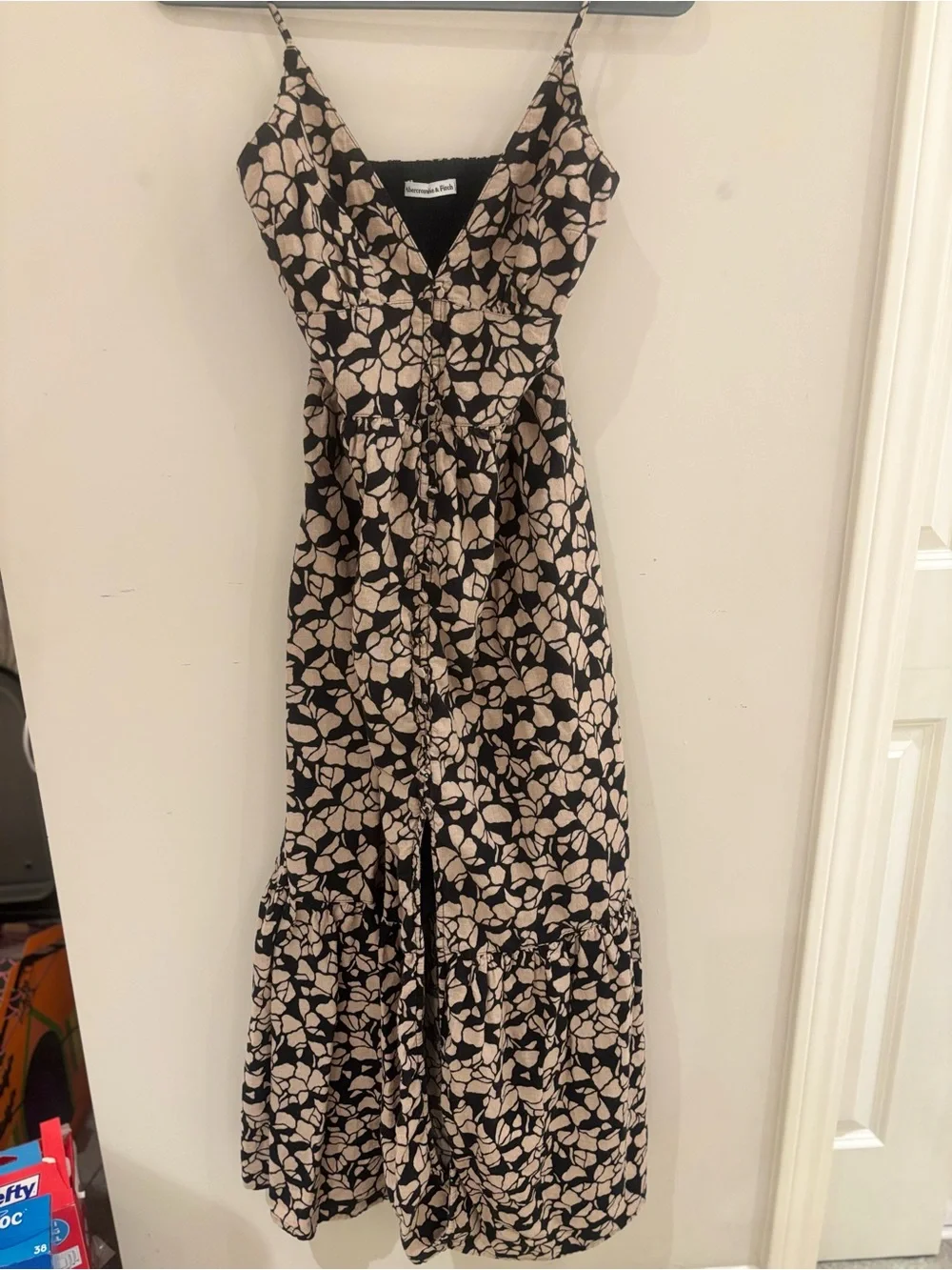 Abercrombie & Fitch Black and Cream Floral Maxi Dress with Spaghetti Straps